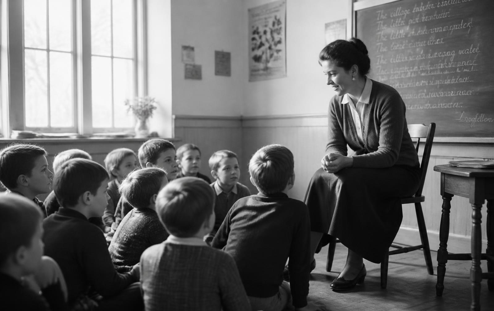 A teacher speaking with a group of children in a sunlit classroom