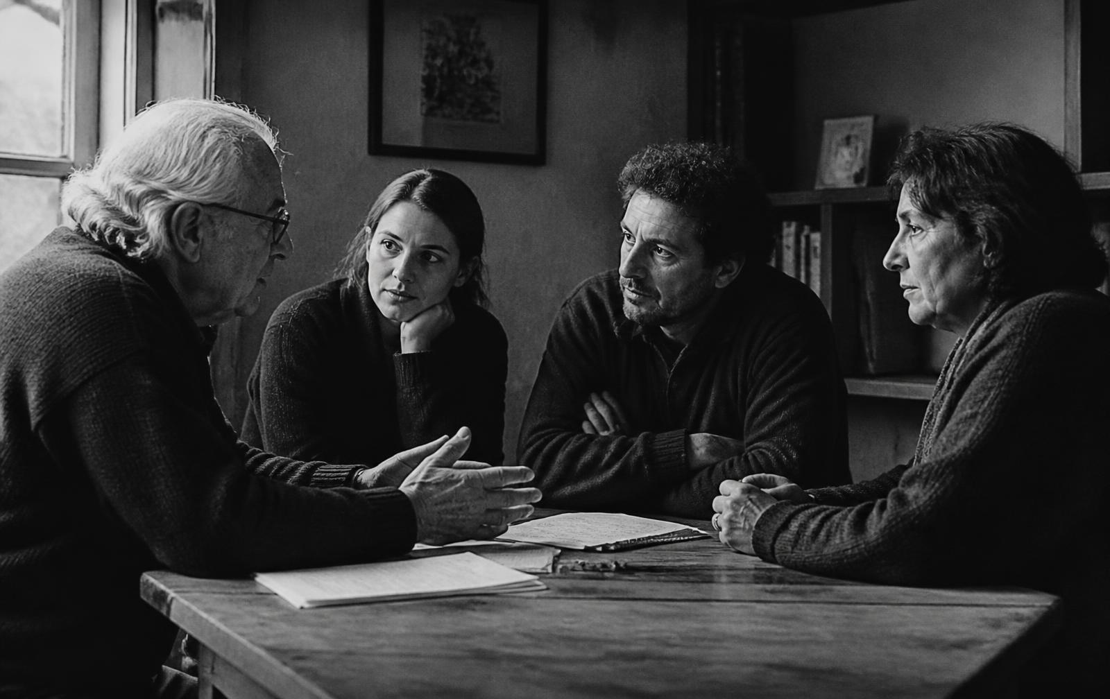 Four adults of different generations in serious conversation around a wooden table